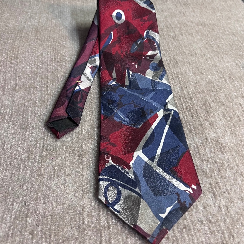 Vintage Oscar De La Renta Studio Tie Mens OS Abstract Red Blue Geometric Retro